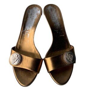 Gucci Hysteria Accent Leather Slide Sandals Women’s 7.5‎ Brown Gold Made Italy